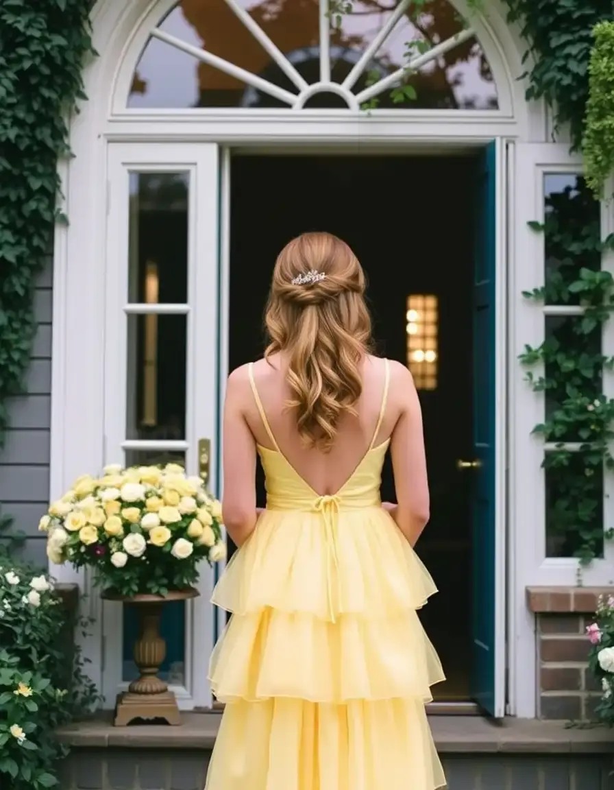 Robe jaune à volants étagés pour invitée