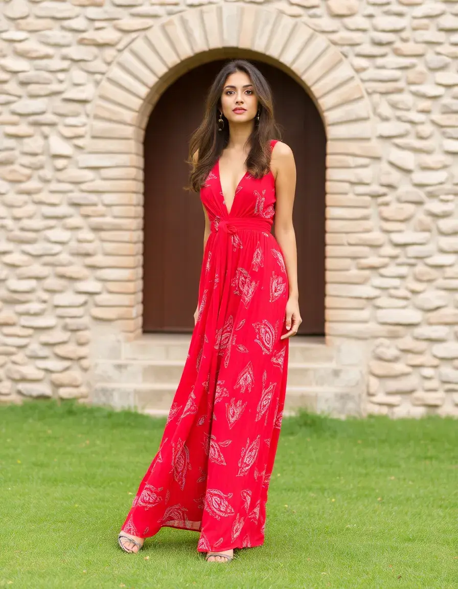 Femme portant une robe rouge maxi fluide