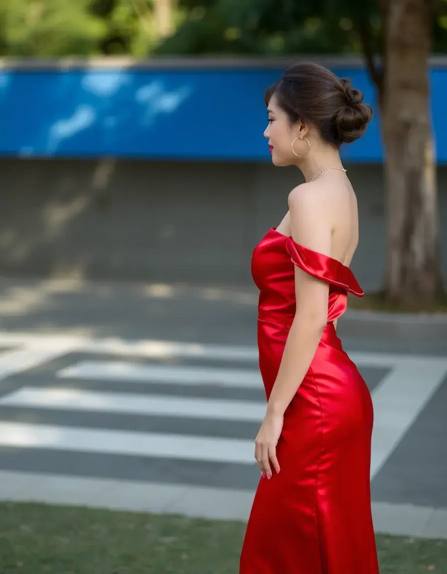 Robe satinée rouge fluide