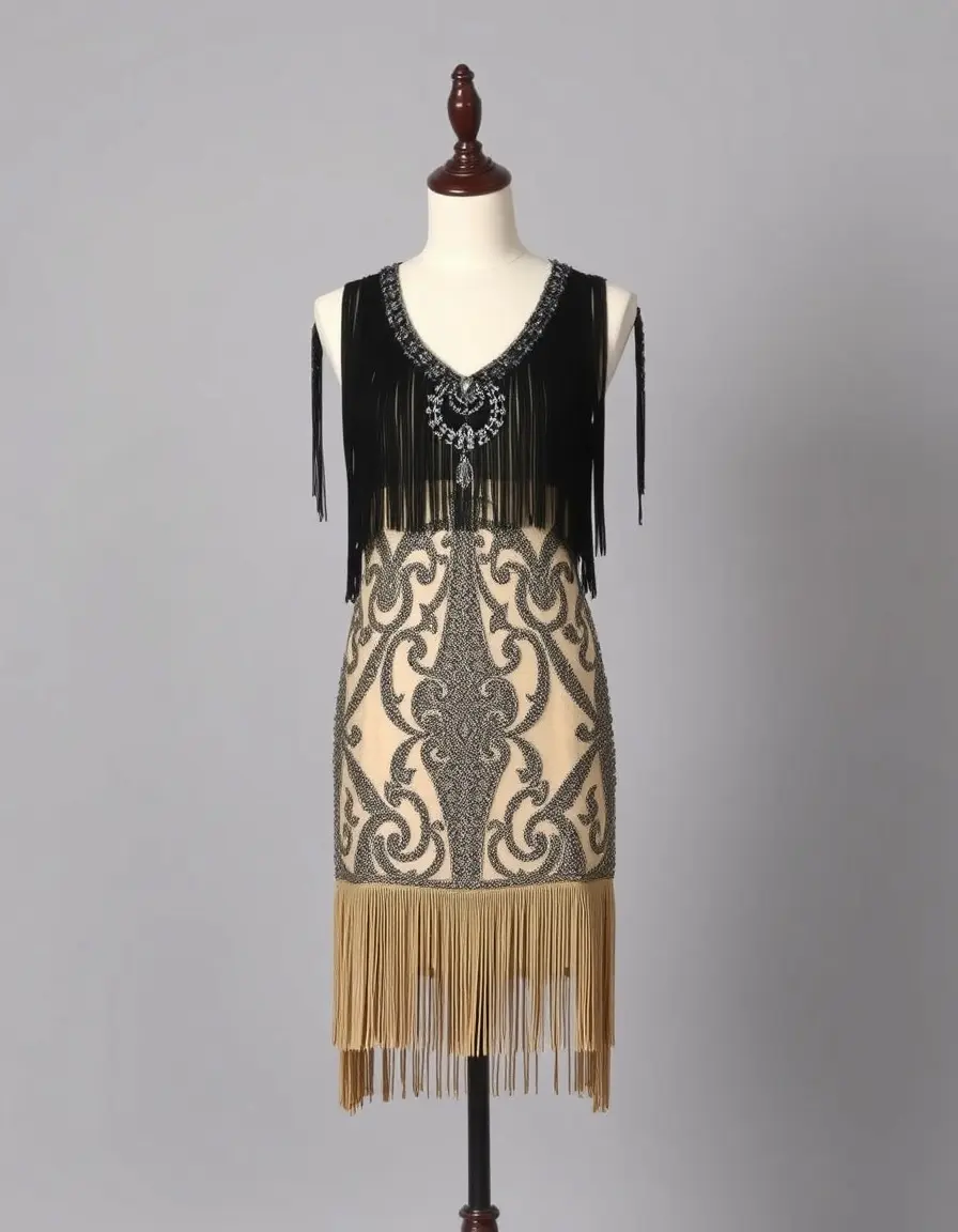 Robe année 20 à franges et perles style flapper