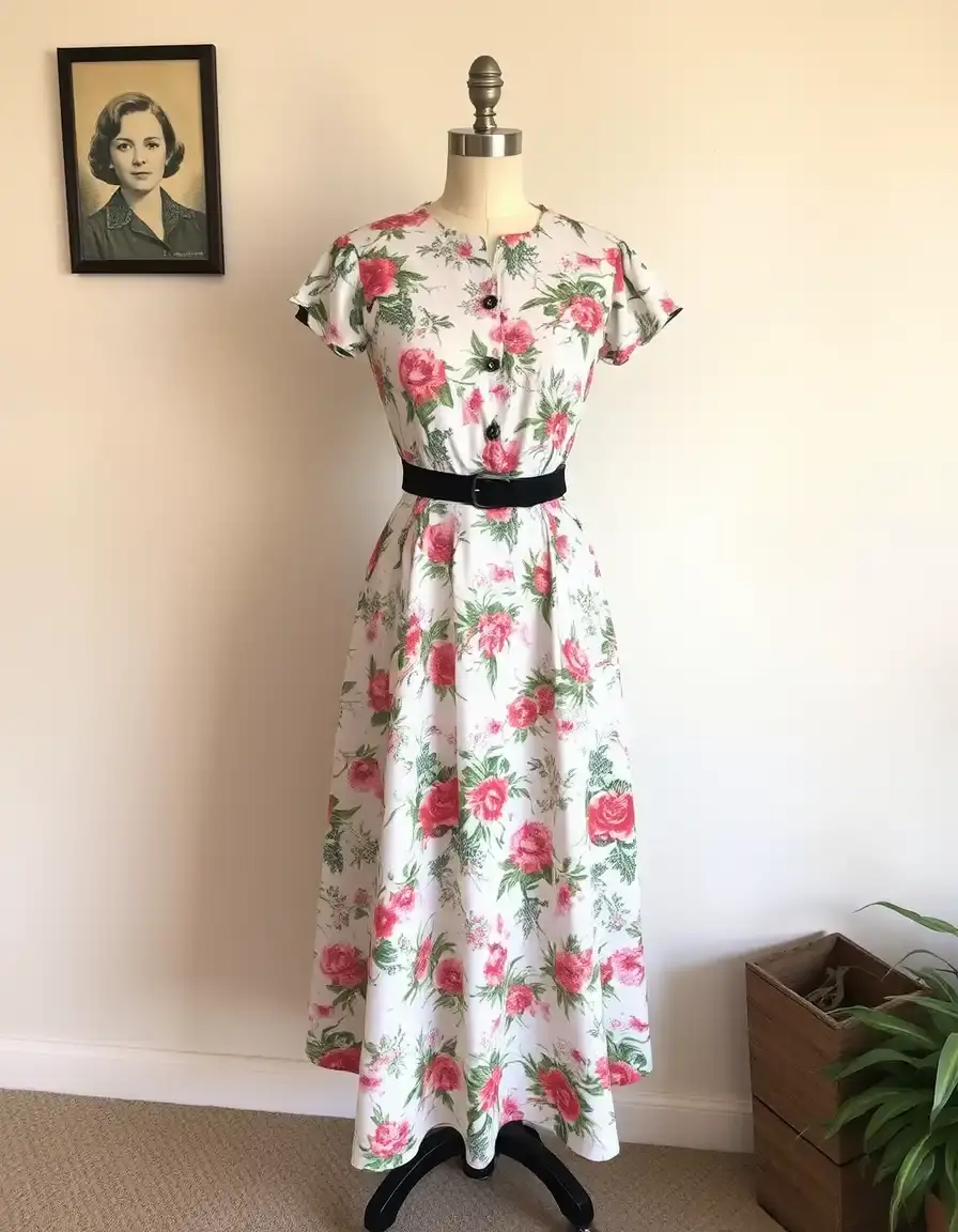 Robe trapèze vintage années 50 imprimé floral longueur midi