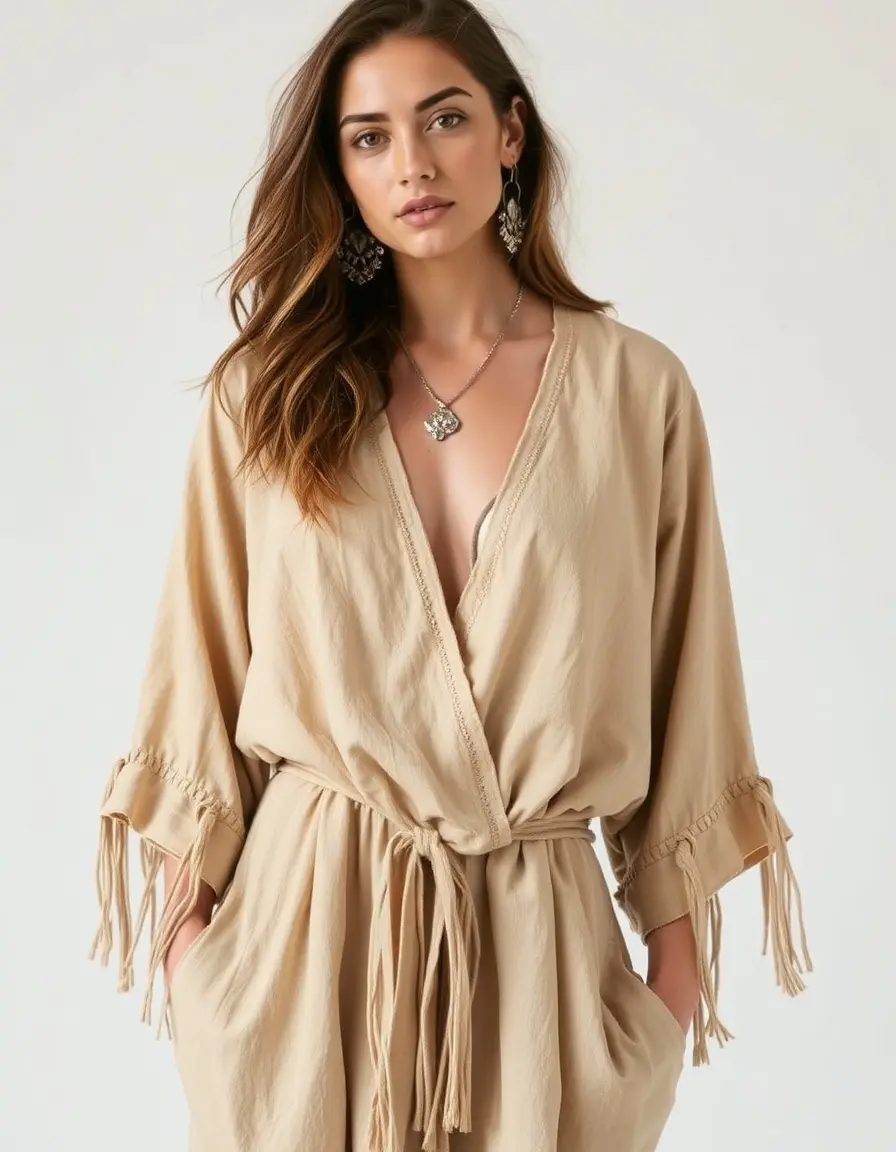Robe portefeuille beige style bohème en lin