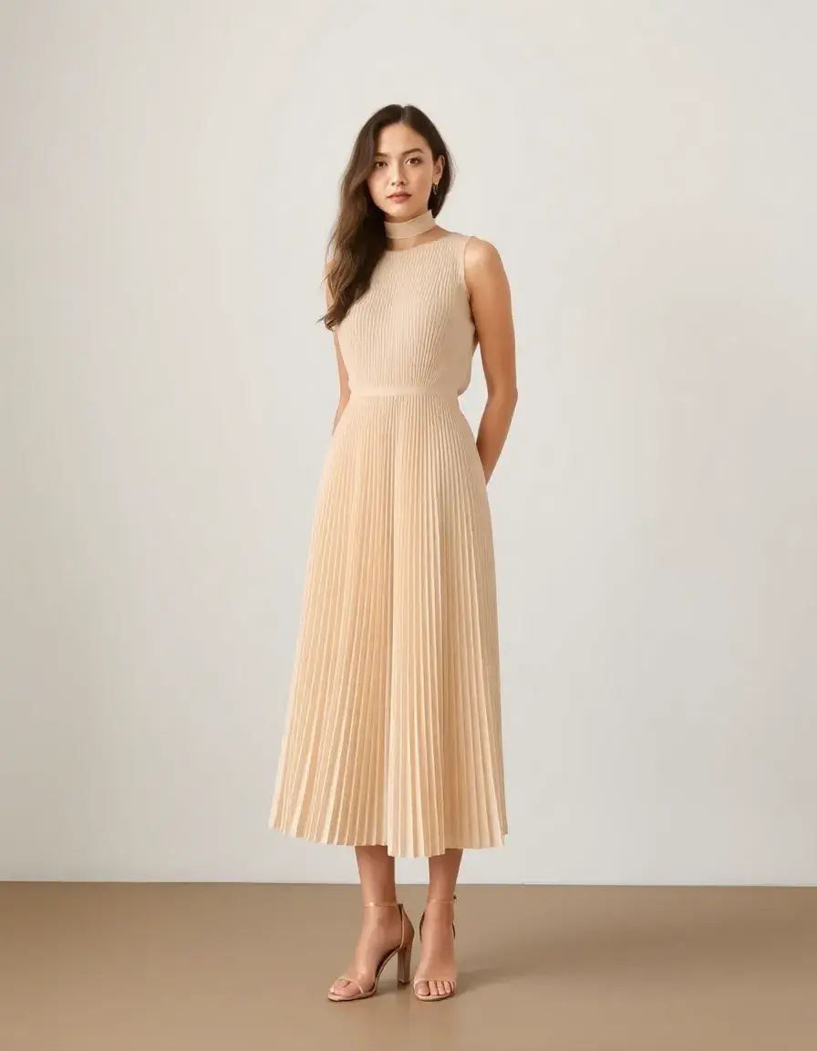Robe midi plissée beige élégante