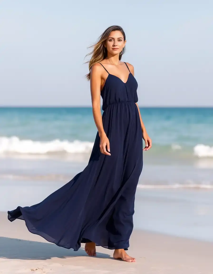 Robe de plage longue bleu marine légère à bretelles