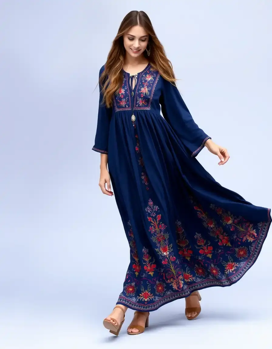 Robe bohème bleu marine fluide et brodée