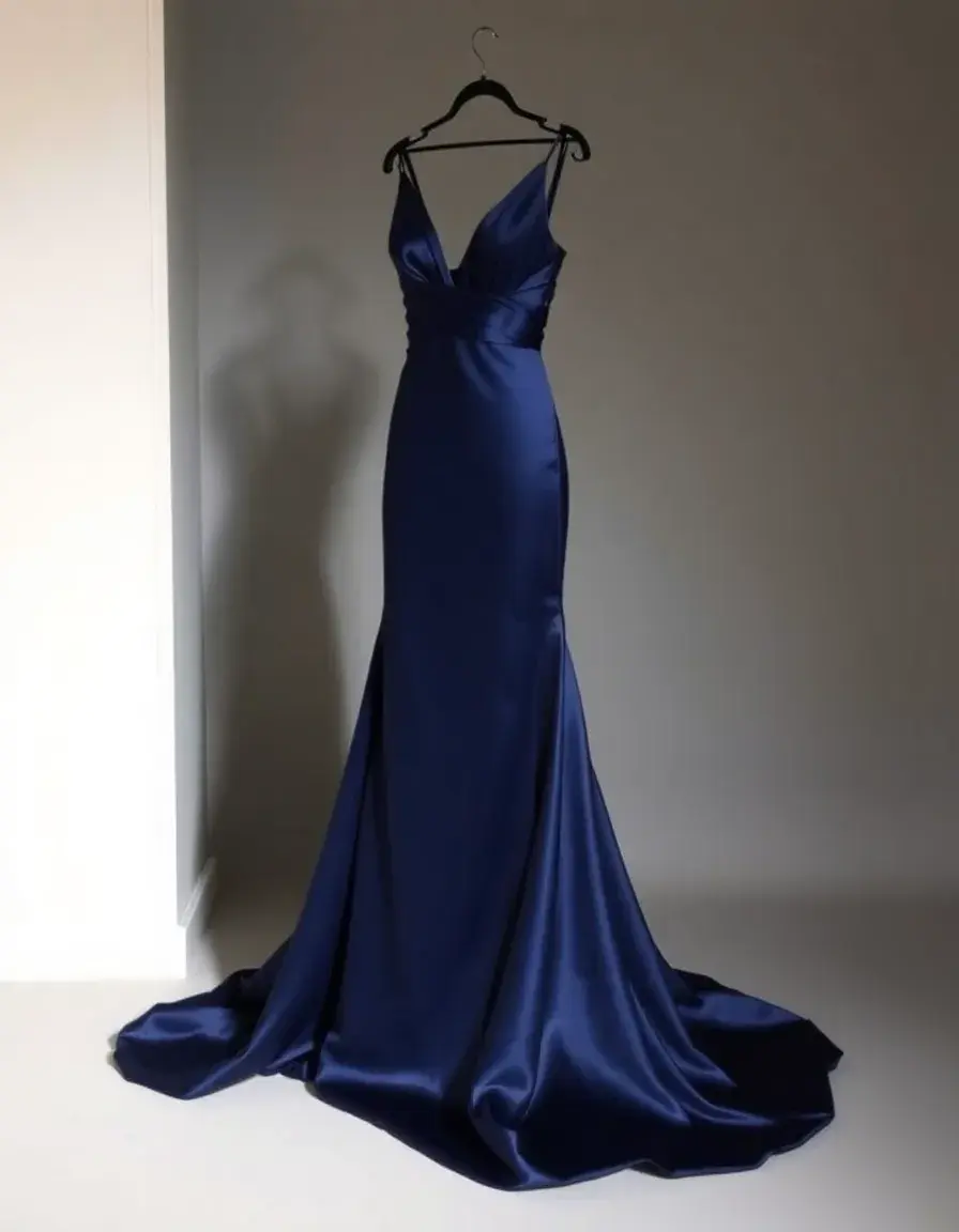 Robe de soirée bleu marine satin longue glamour