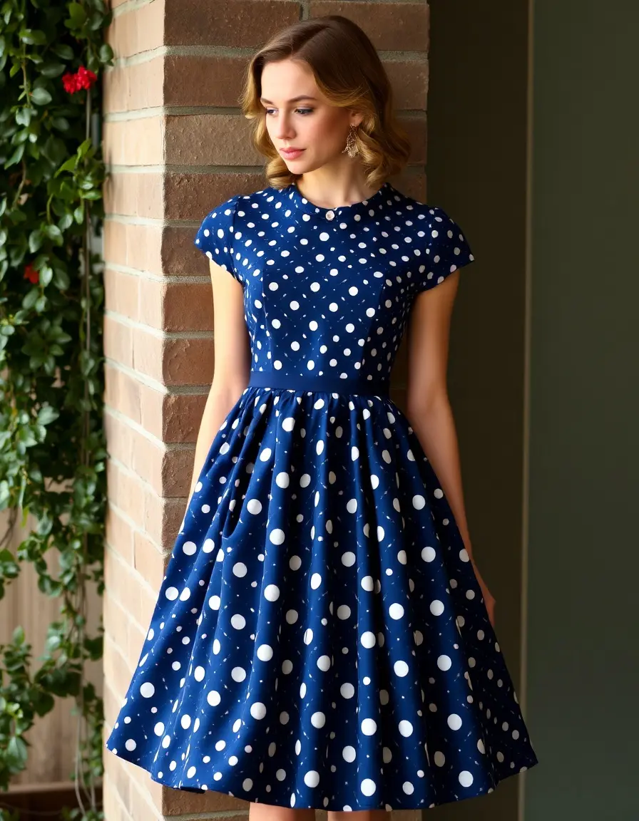 Robe à pois bleu marine style rétro jupe évasée