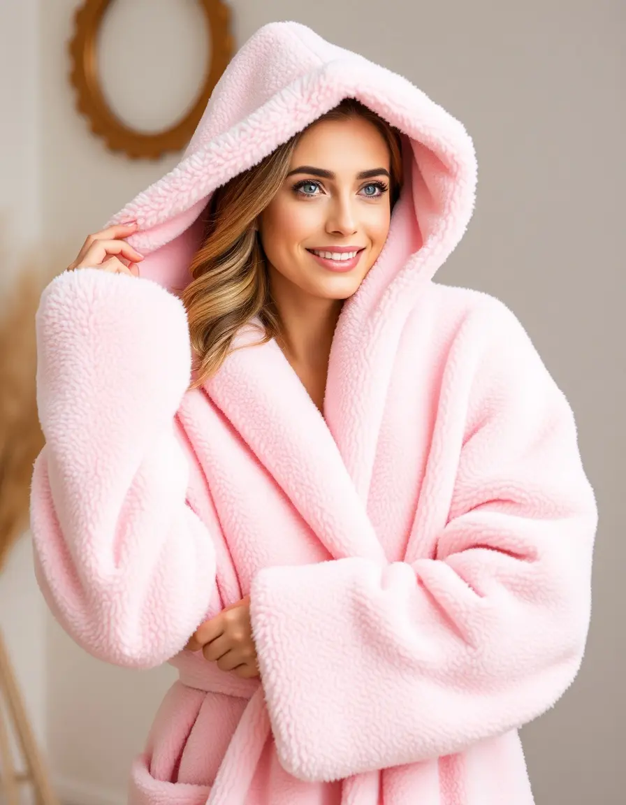 Femme portant une robe de chambre polaire rose douce avec capuche