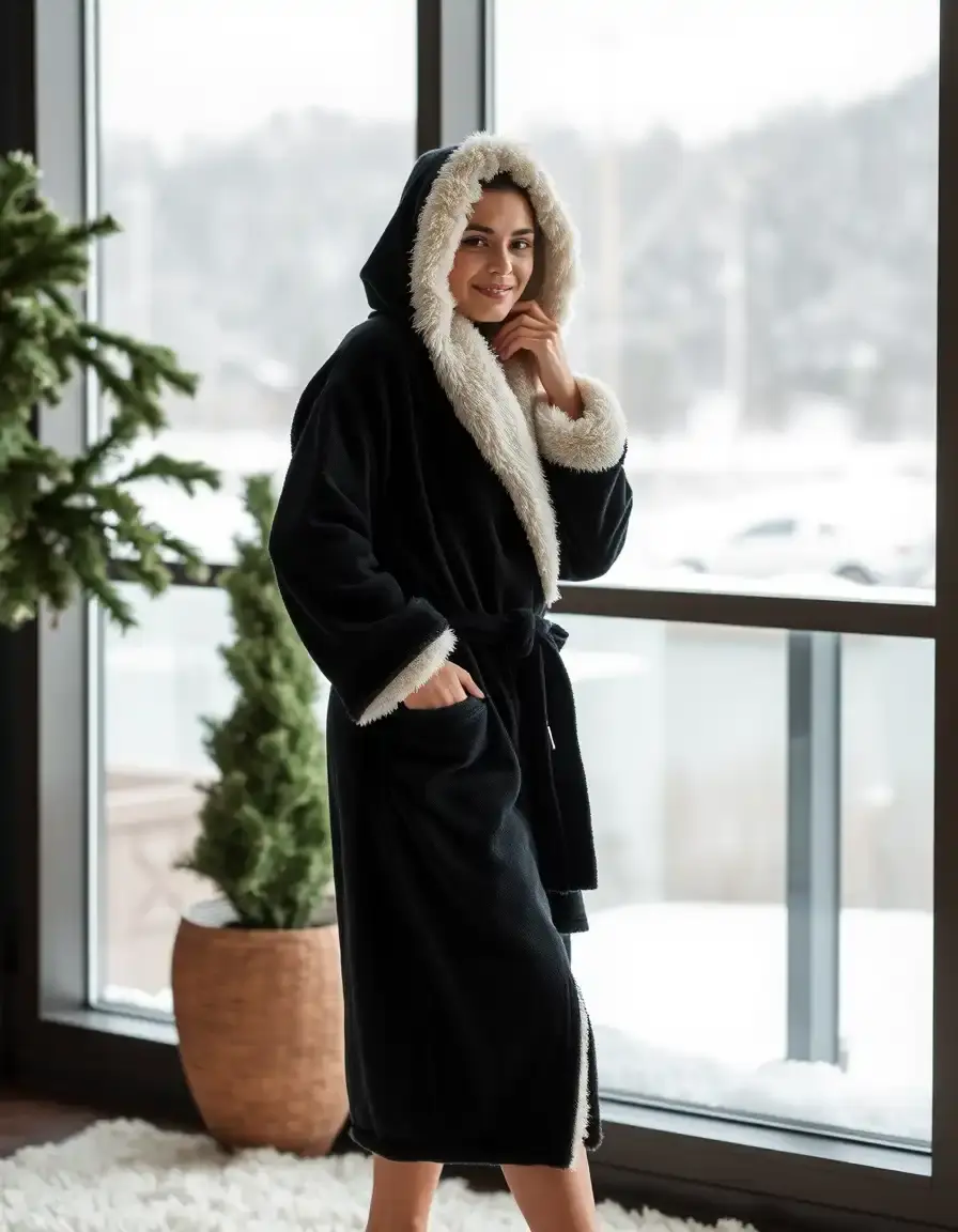 Peignoir polaire noir luxueux pour femme