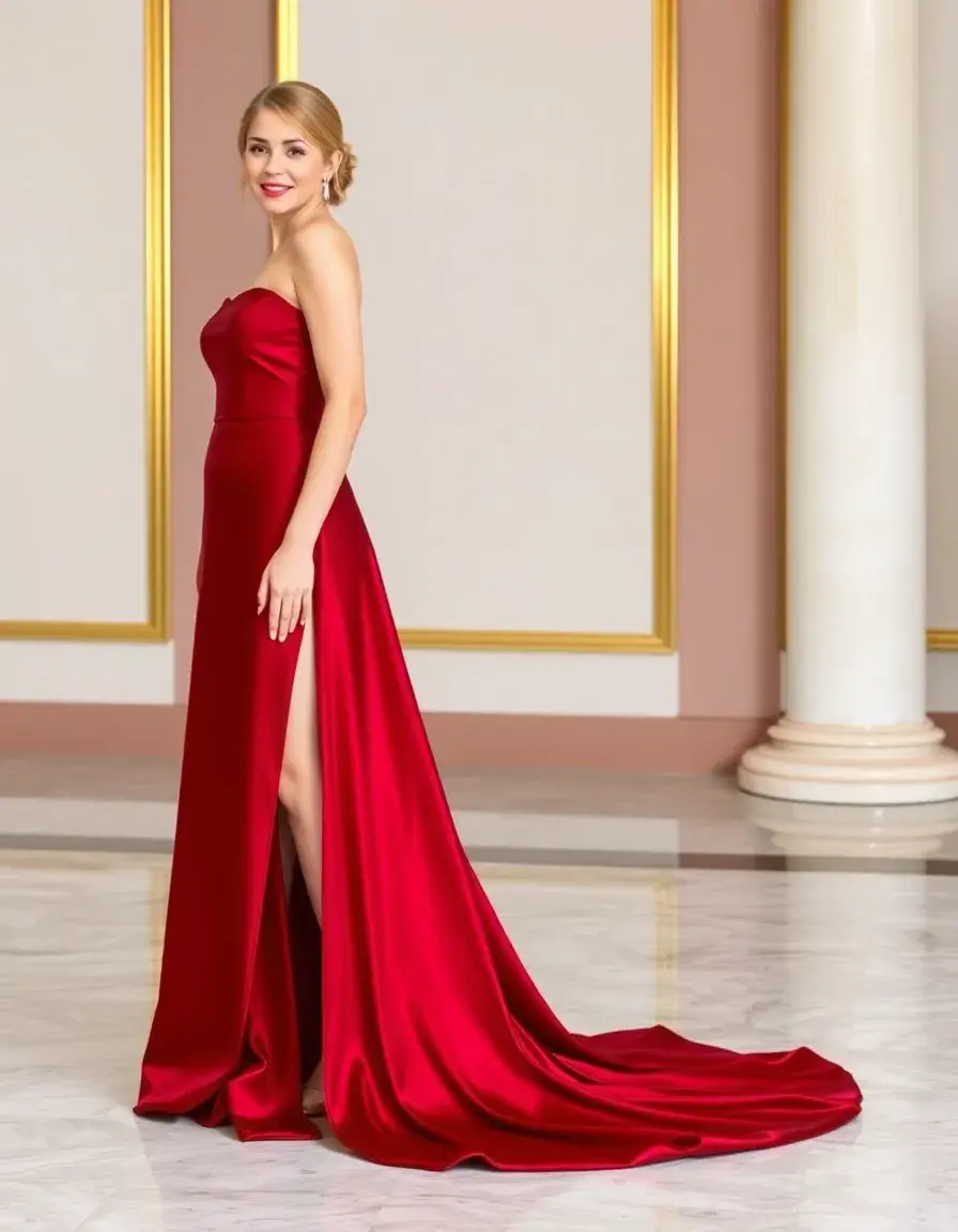 Robe de gala longue en satin rouge avec fente