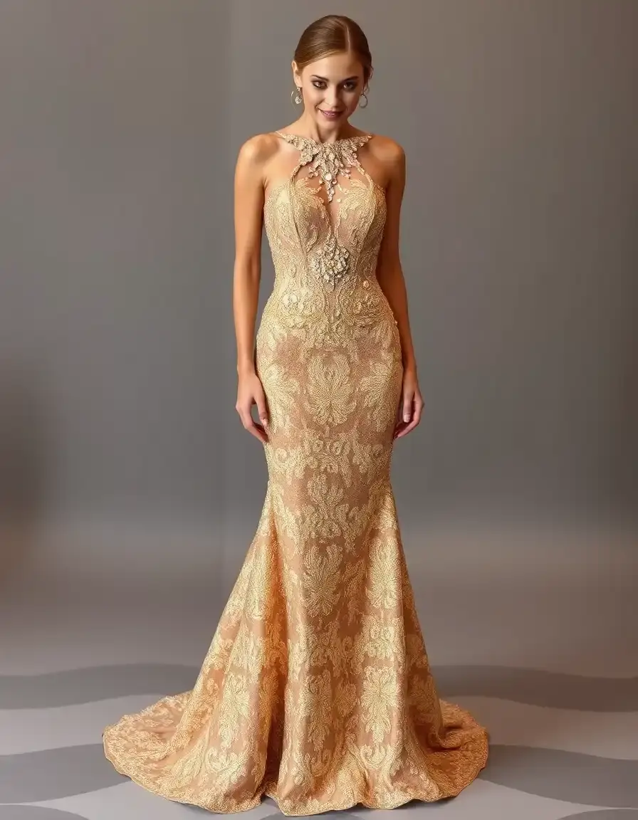 Robe de soirée gala sirène dorée avec perles