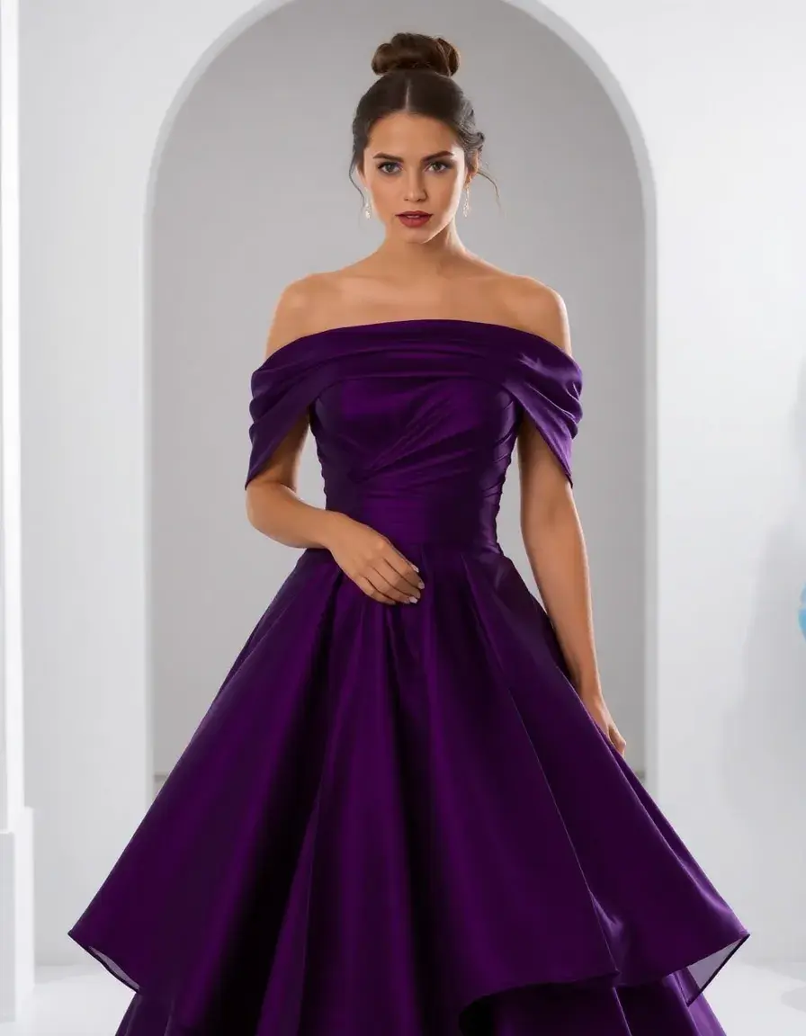 Robe de gala violette avec épaules dénudées