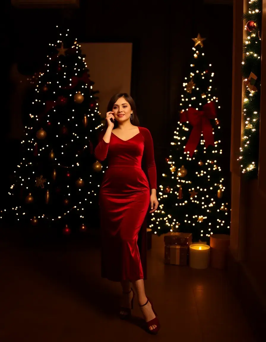 Robe de noël en velours rouge midi