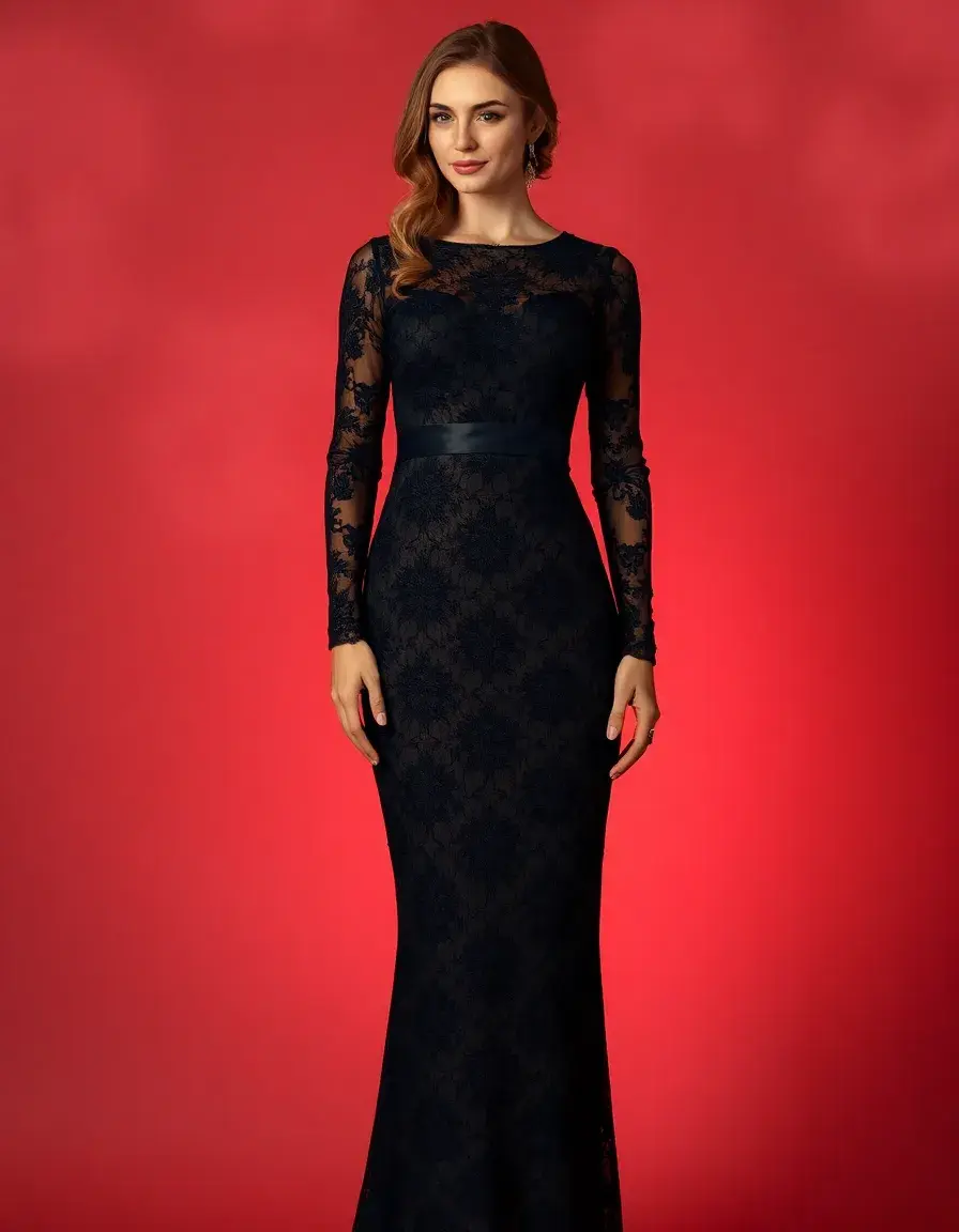 Robe de soirée en dentelle noire avec manches longues