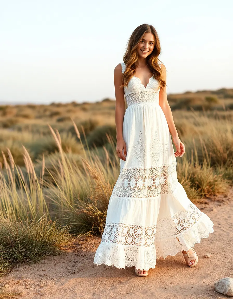 Robe maxi bohème en dentelle blanche fluide