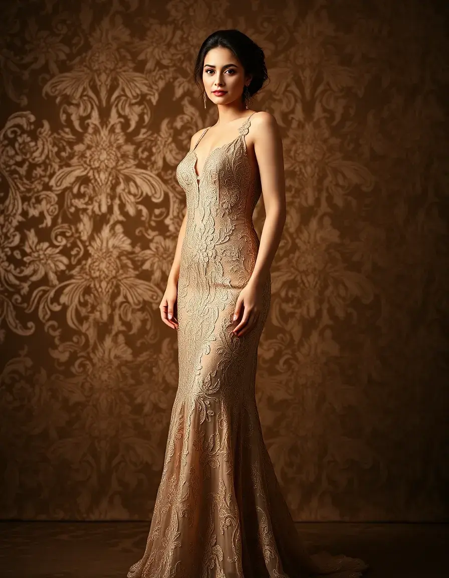 Gold Lace Evening Dress - Robe de soirée en dentelle dorée