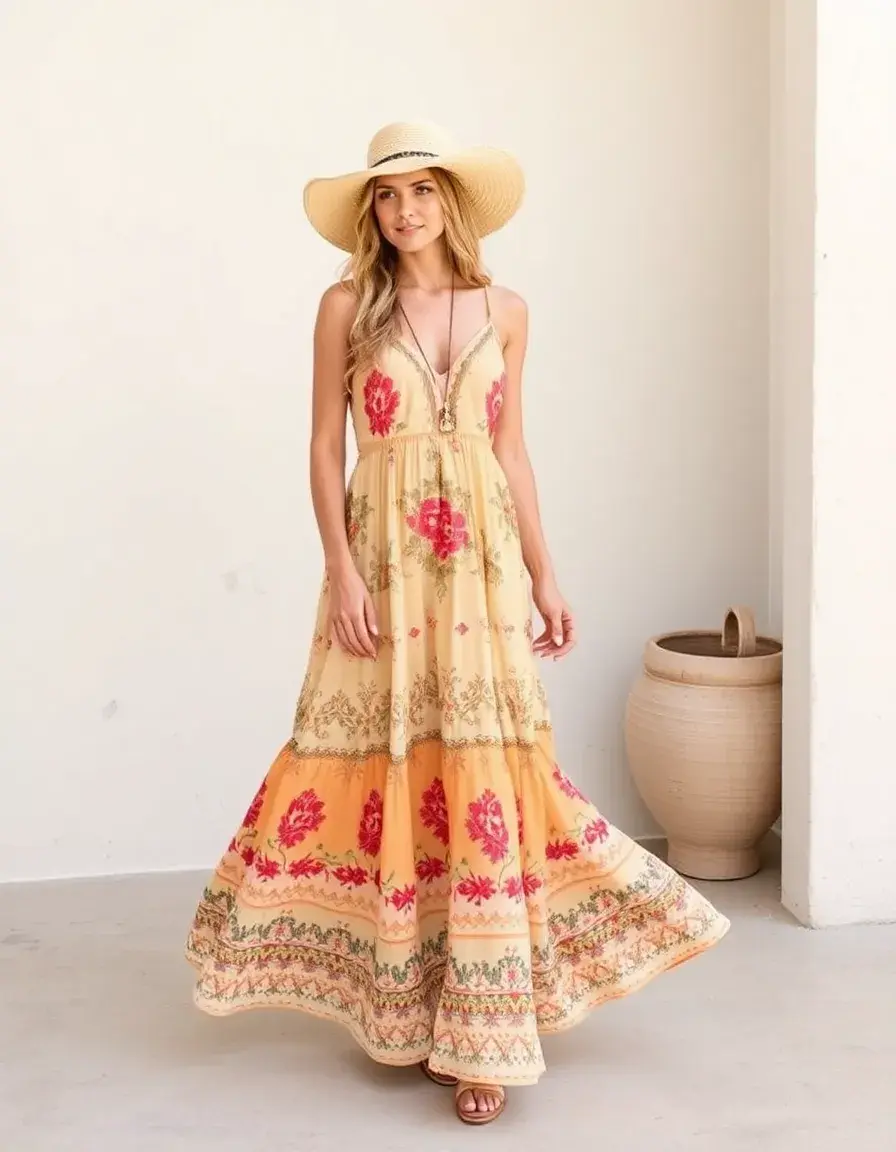 Robe maxi bohème été 2025 avec motifs fluides