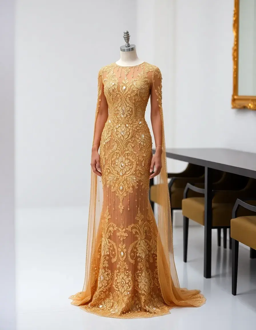 Robe habillée perlée dorée glamour