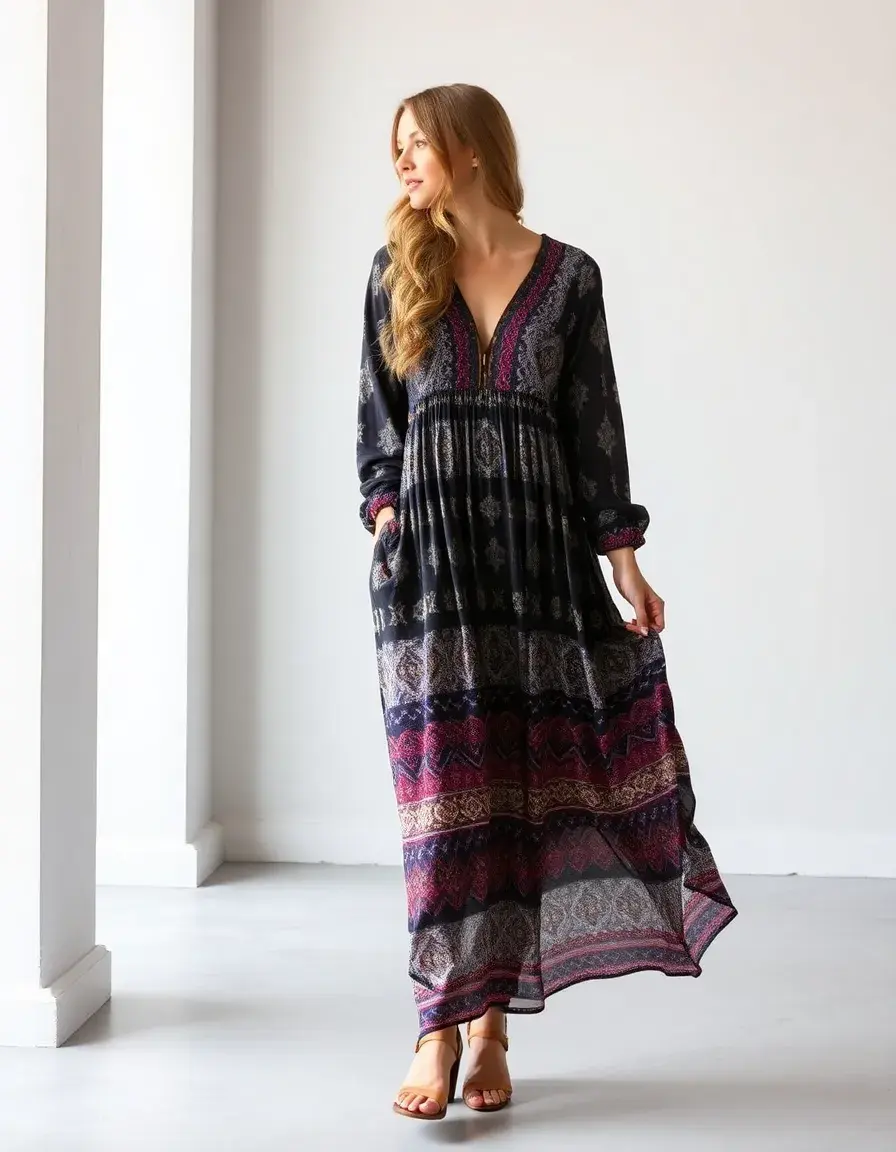 Boho Long Sleeve Maxi Dress - Robe longue manche longue fleurie