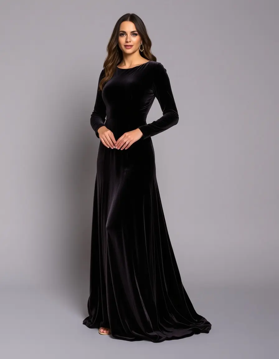 Velvet Long Sleeve Long Dress - Robe longue en velours