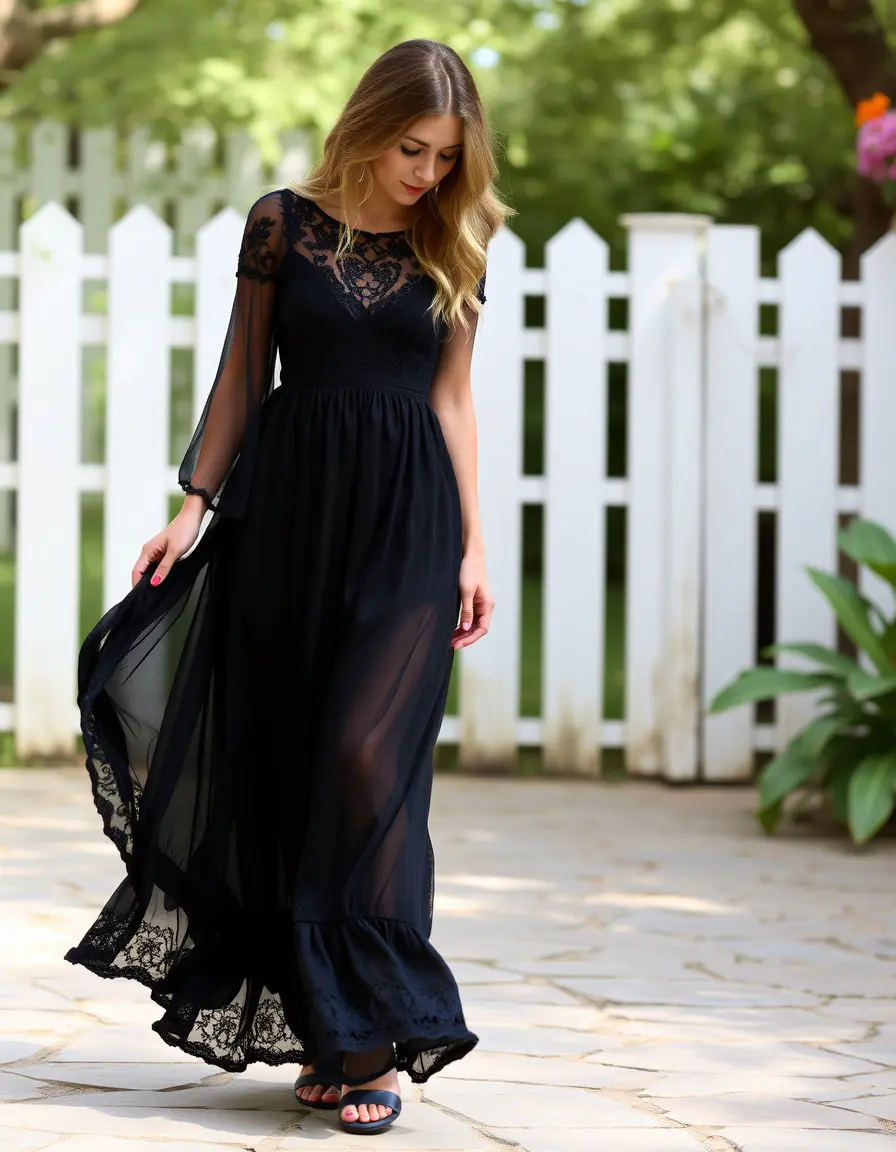 Robe longue noire bohème avec dentelle fluide