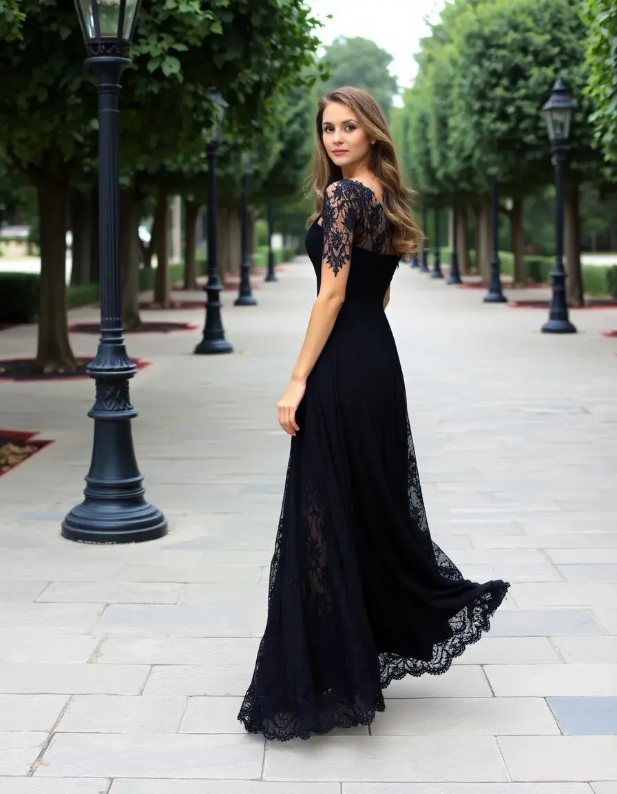 Robe longue noire en dentelle romantique