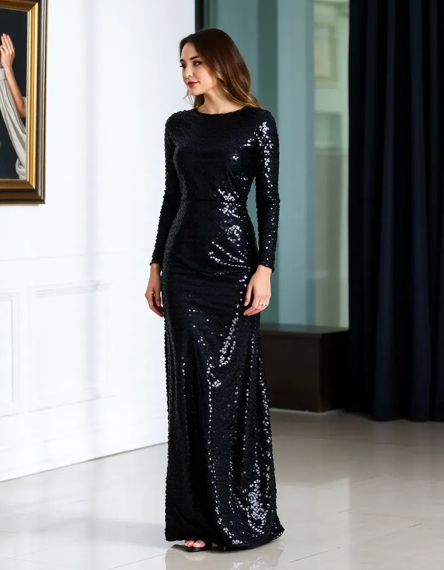 Robe longue noire à paillettes étincelante