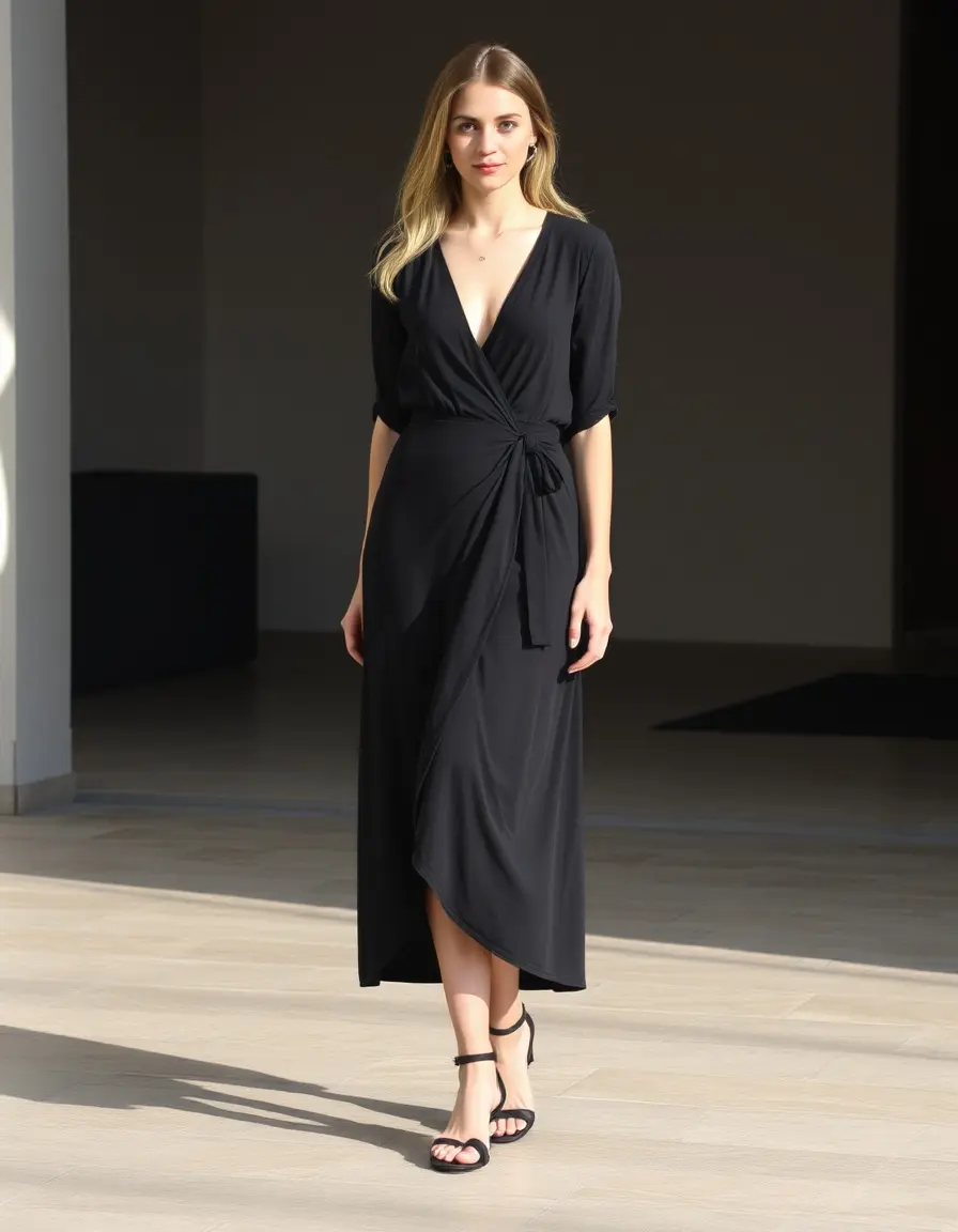 Robe longue noire portefeuille col en V