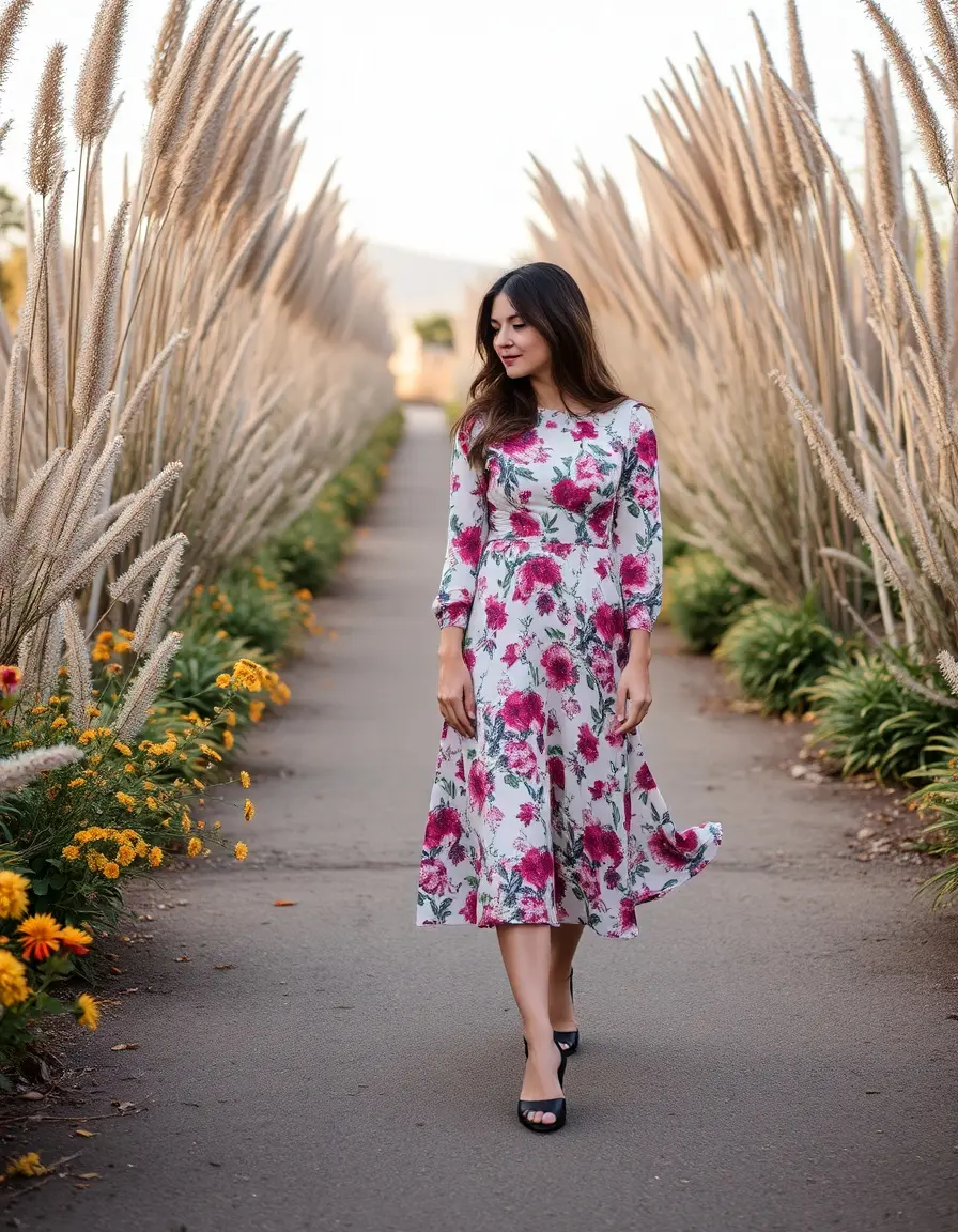 Robe manche longue fleurie imprimée midi