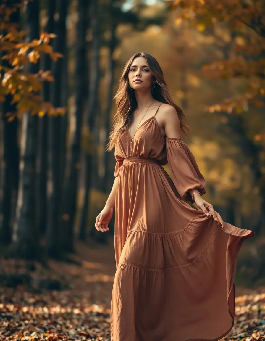 Femme portant une robe marron longue style bohème dans un décor d'automne.
