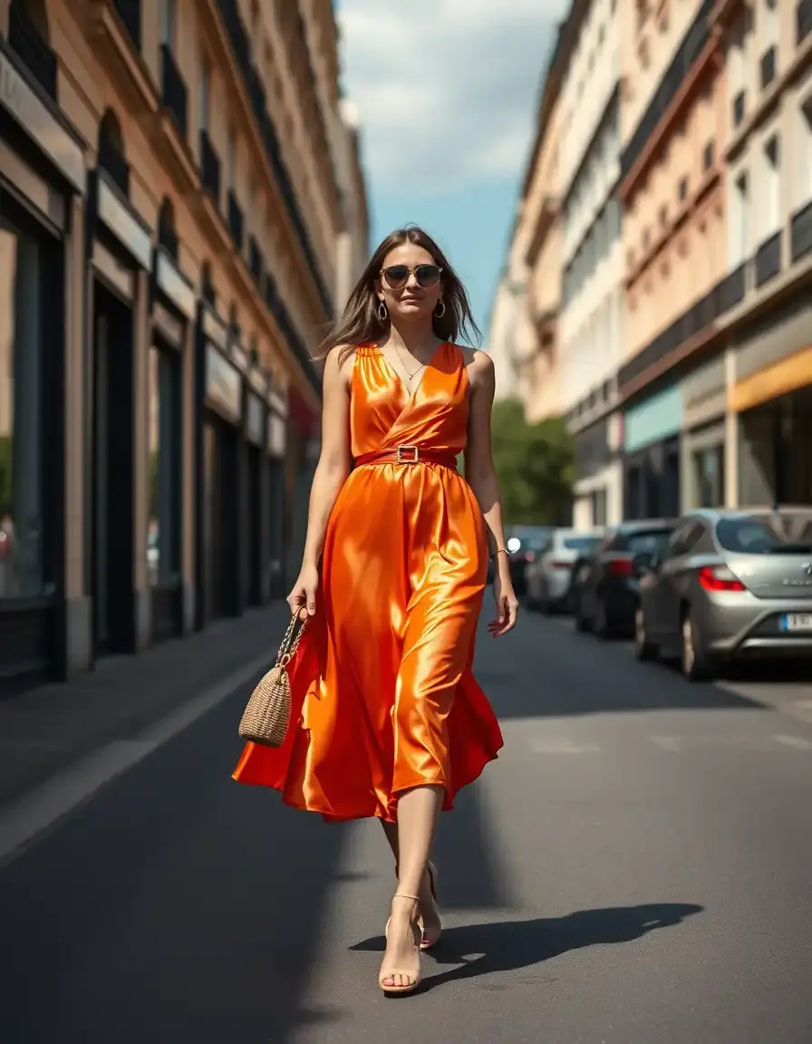 Femme élégante portant une robe orange vibrante dans une rue ensoleillée