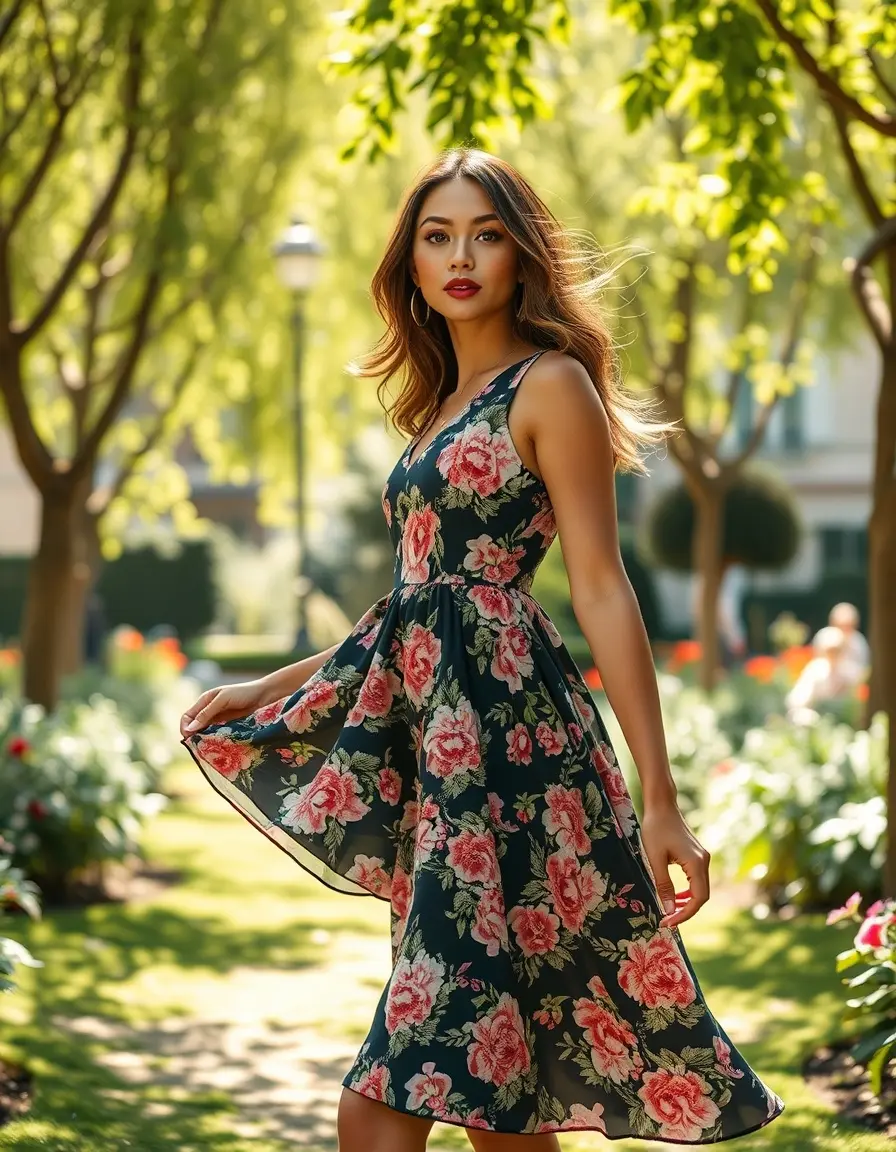 Femme portant une robe patineuse fleurie évasée dans un jardin ensoleillé