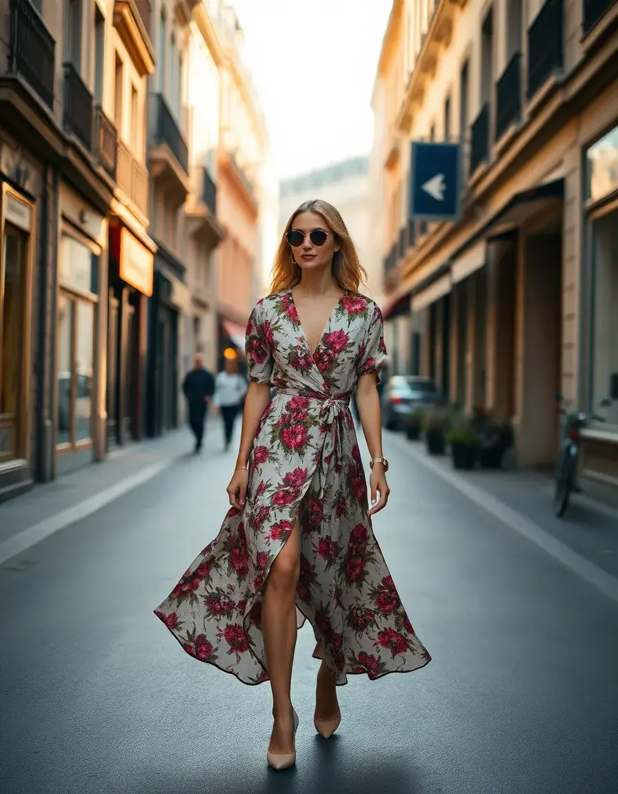 Femme élégante portant une robe portefeuille fleurie dans une rue ensoleillée.