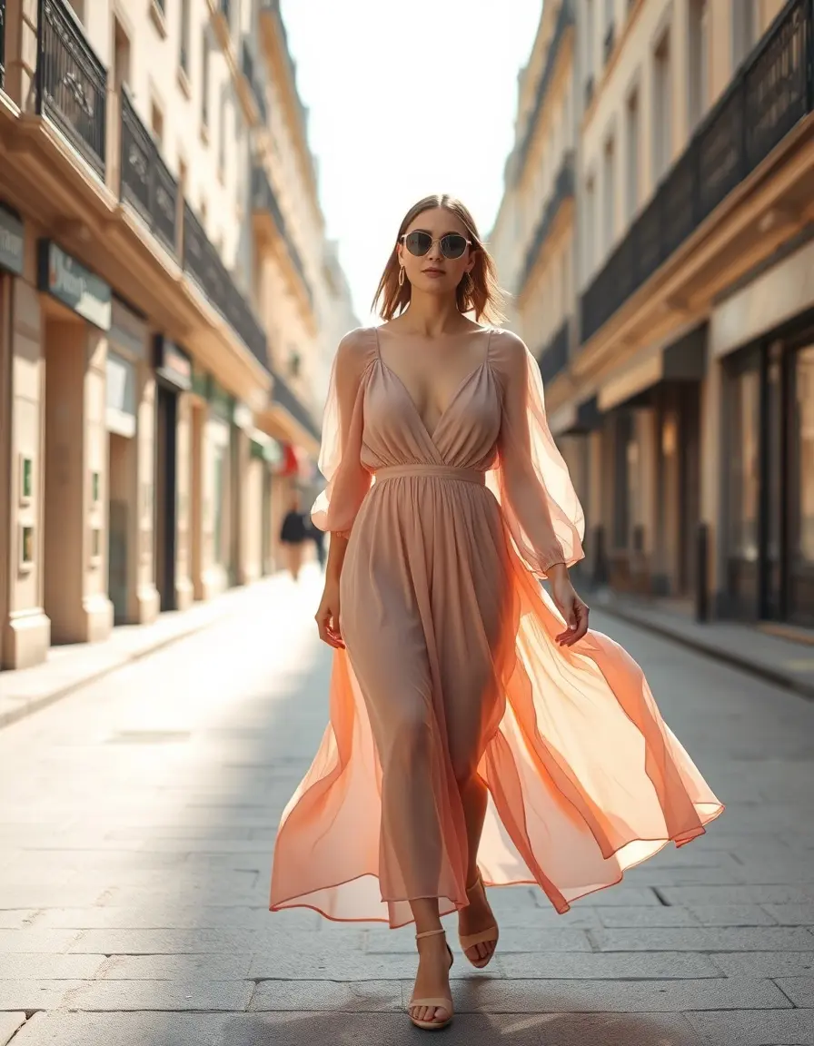 Femme élégante portant une robe rose poudré fluide dans une rue ensoleillée
