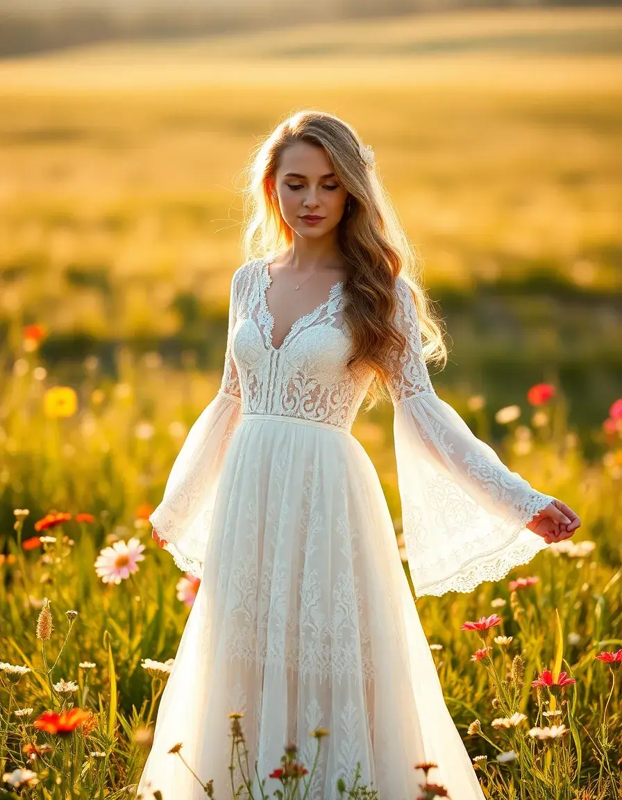 Mariée portant une robe de mariée bohème en dentelle dans un champ au coucher du soleil
