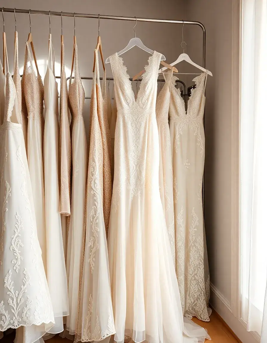 Sélection de robes de mariée élégantes en dentelle dans une boutique lumineuse