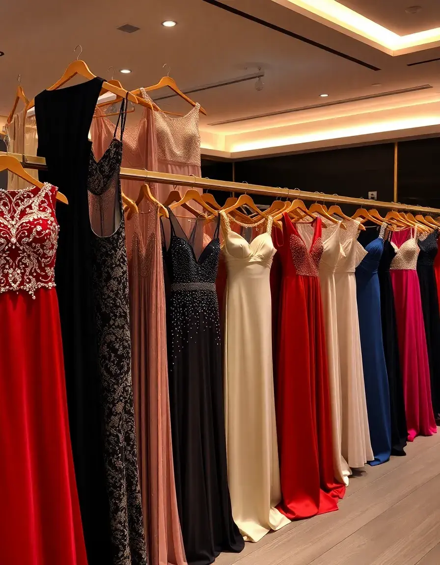 Collection de robes de soirée élégantes en velours et paillettes dans une boutique de luxe