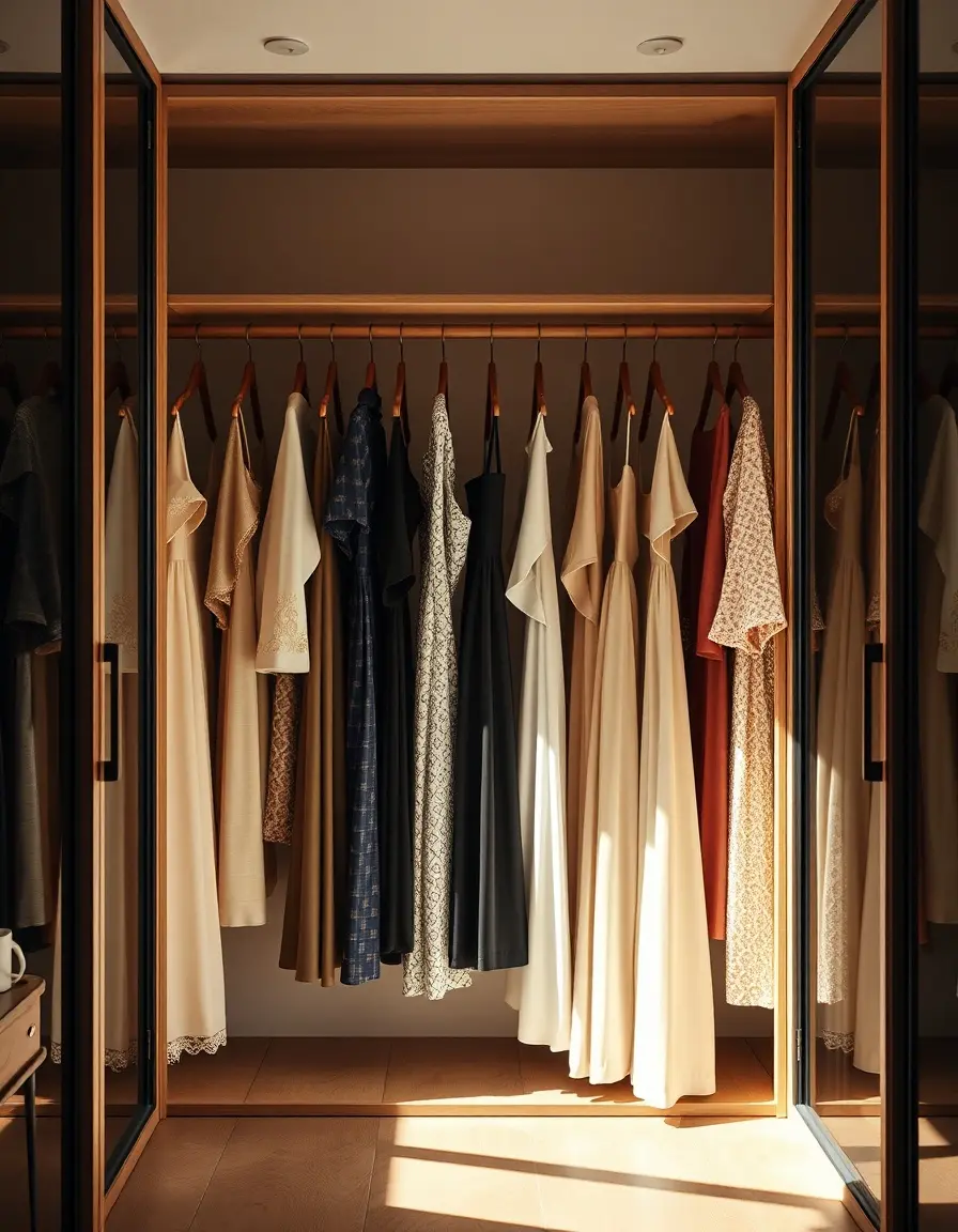 Garde robe minimaliste avec des robes élégantes sur cintres en bois