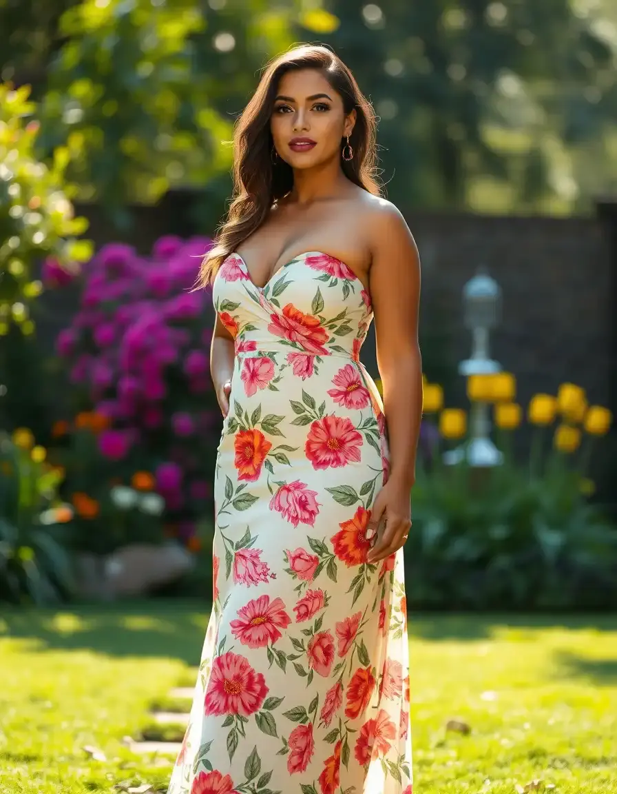 Femme ronde rayonnante portant une robe maxi fleurie dans un jardin ensoleillé