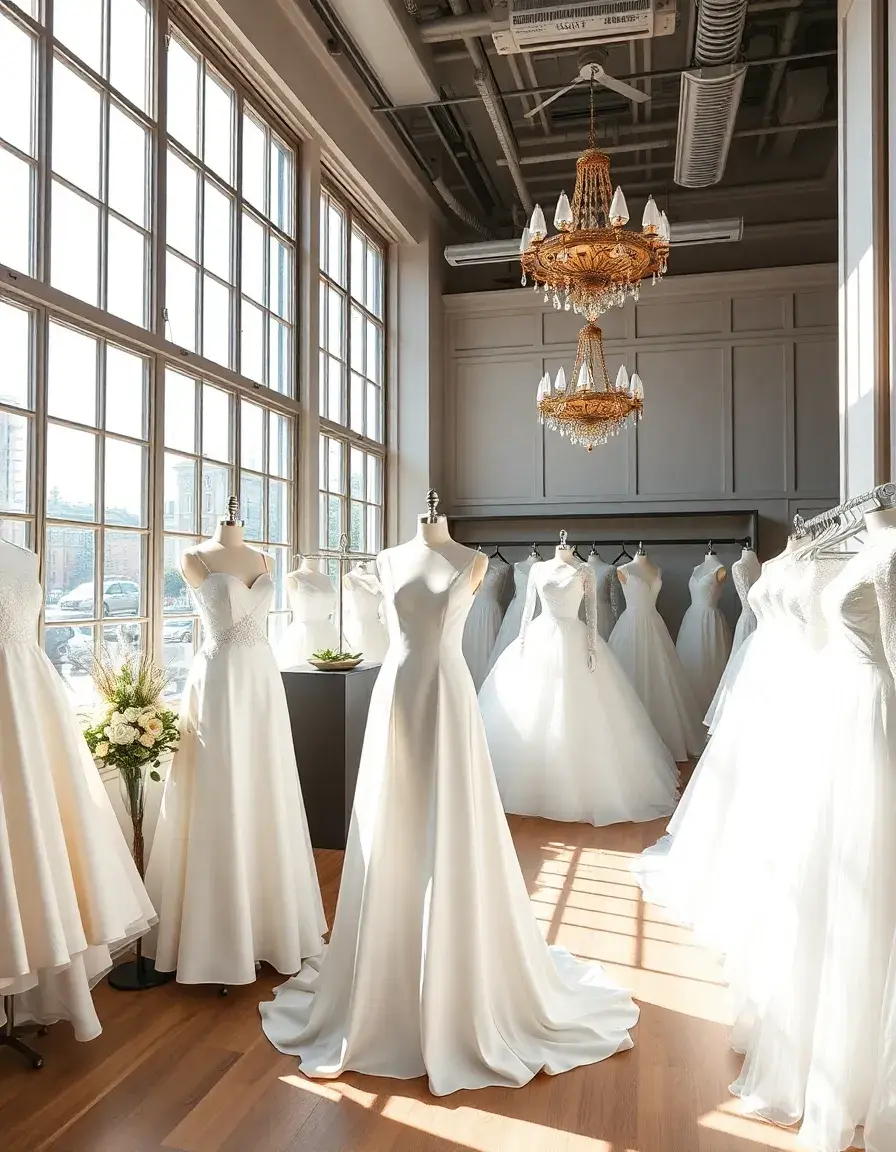 Boutique élégante présentant différentes robes de mariée blanches pour location et achat.