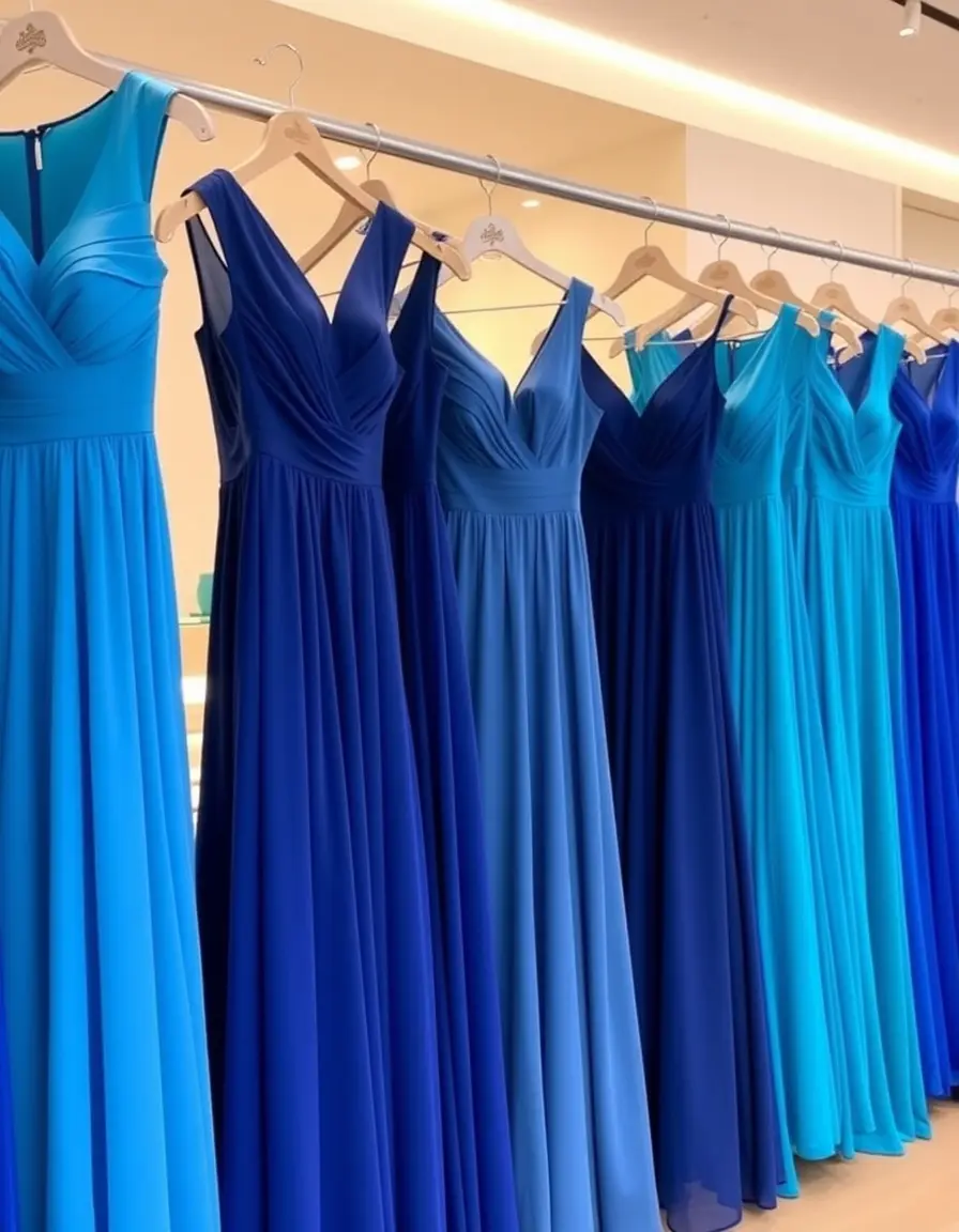 Sélection de robes bleues tendance dans une boutique de mode élégante.