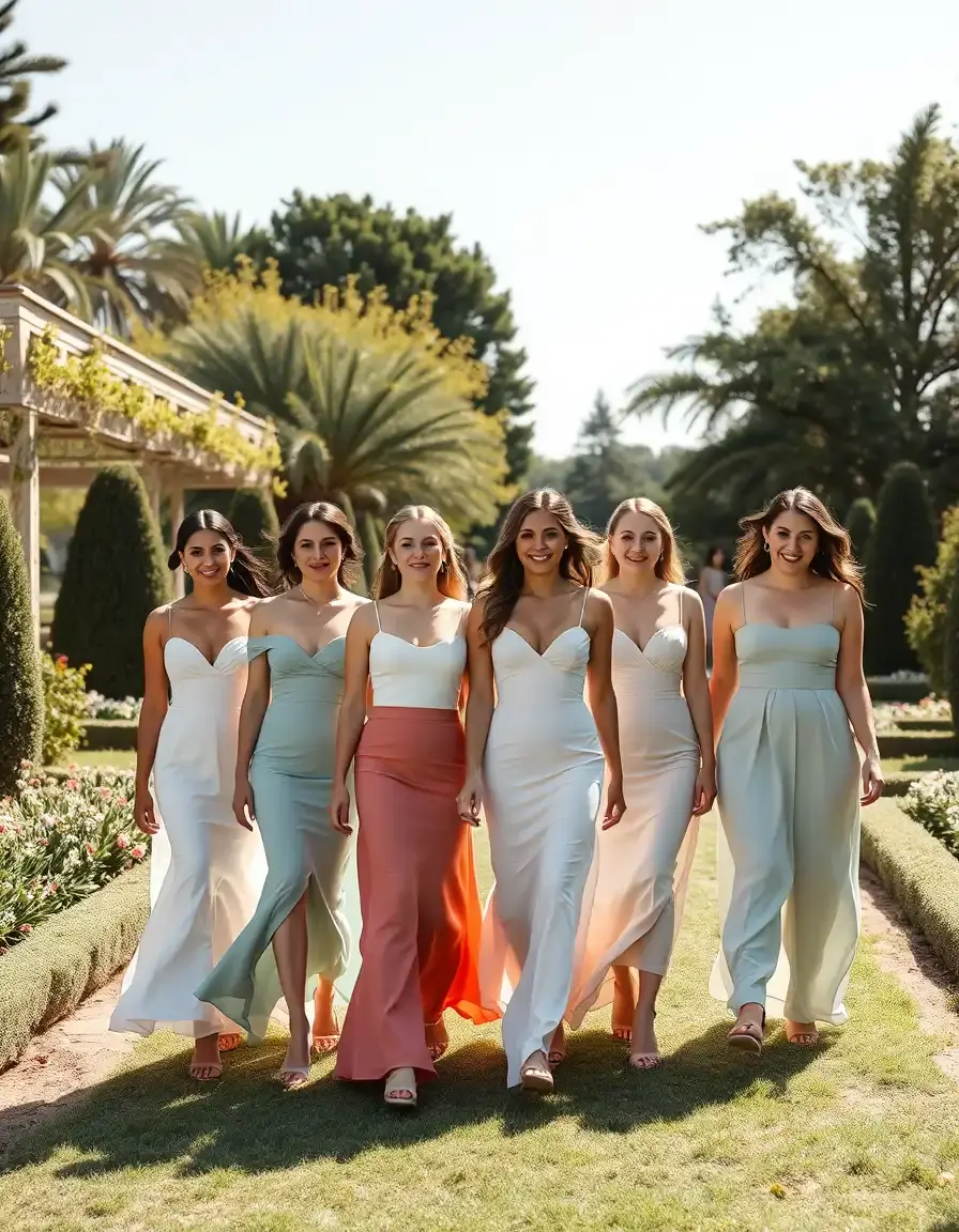 Groupe de demoiselles d'honneur portant des robes élégantes dans un jardin ensoleillé