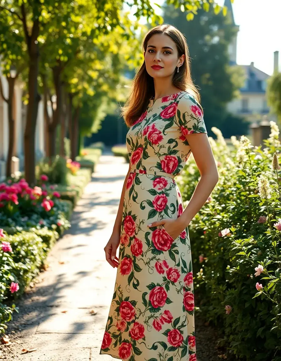 Femme élégante portant une robe cache-coeur fleurie dans un jardin ensoleillé