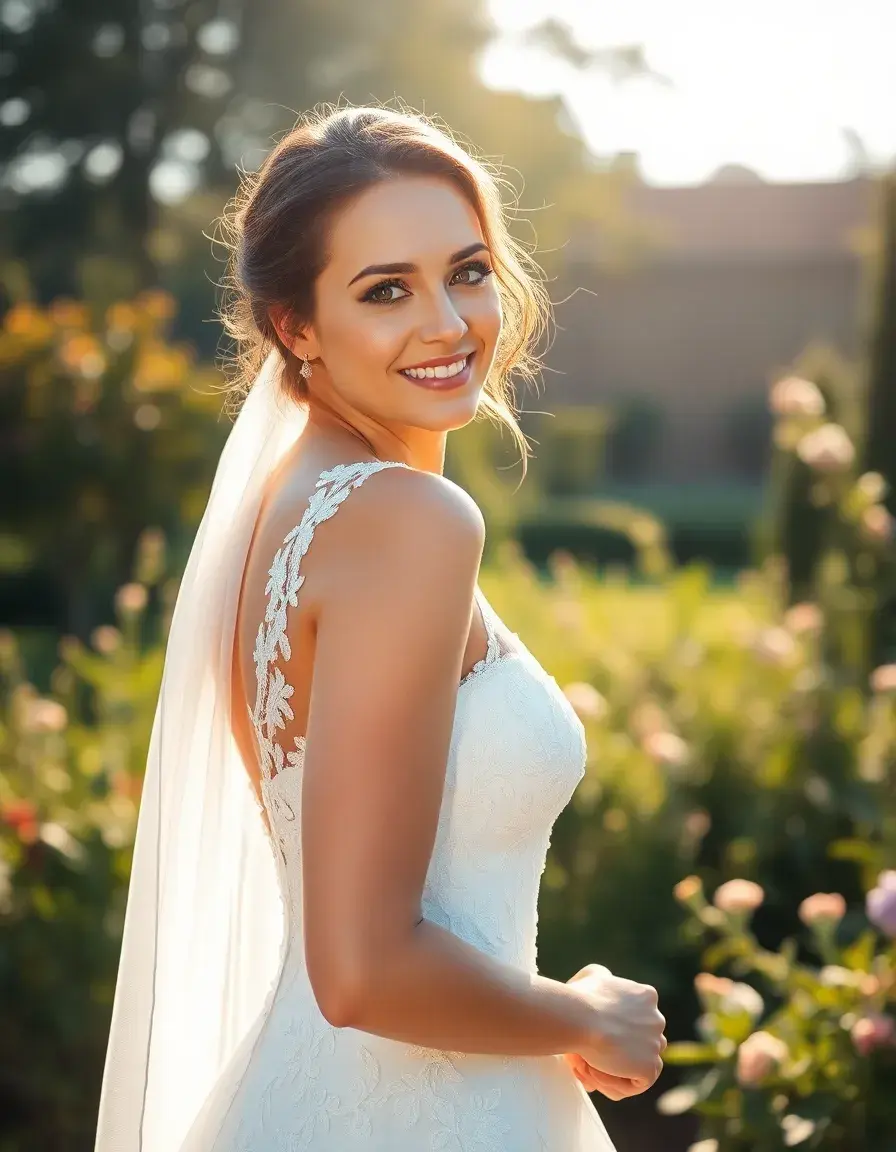 Jeune mariée souriante portant une robe court mariage en dentelle moderne