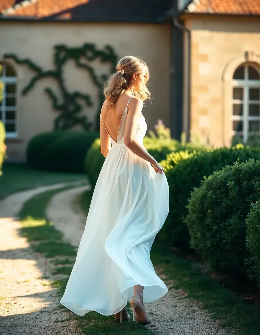 Invitée de mariage portant une robe de cérémonie élégante dans un jardin