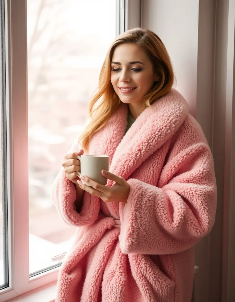 Femme portant une robe de chambre femme polaire rose douce près d'une fenêtre