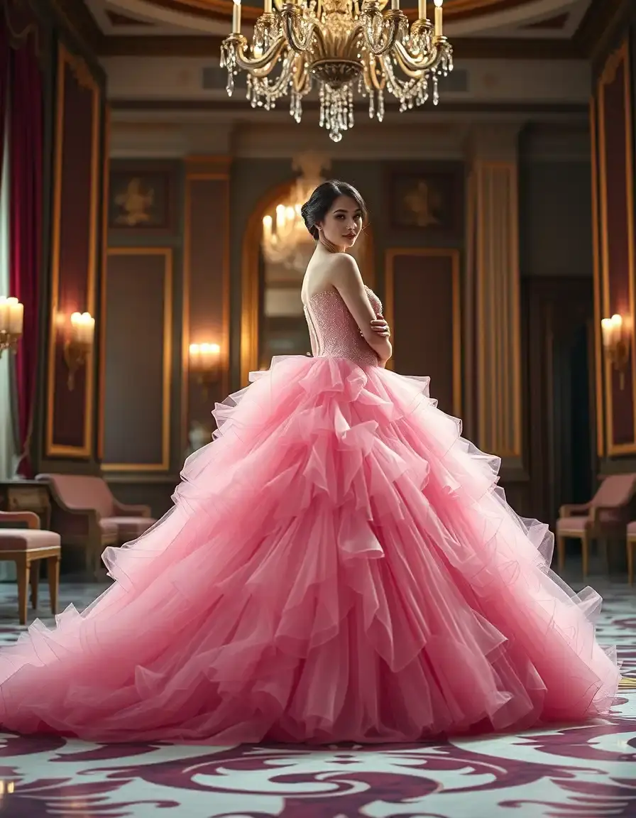 Femme portant une magnifique robe de princesse en tulle rose dans un château