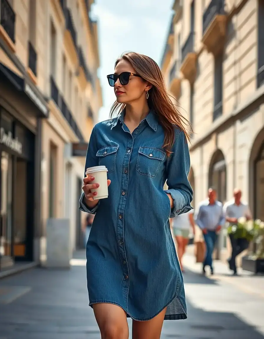 Femme élégante portant une robe jean chemise bleue dans une rue ensoleillée