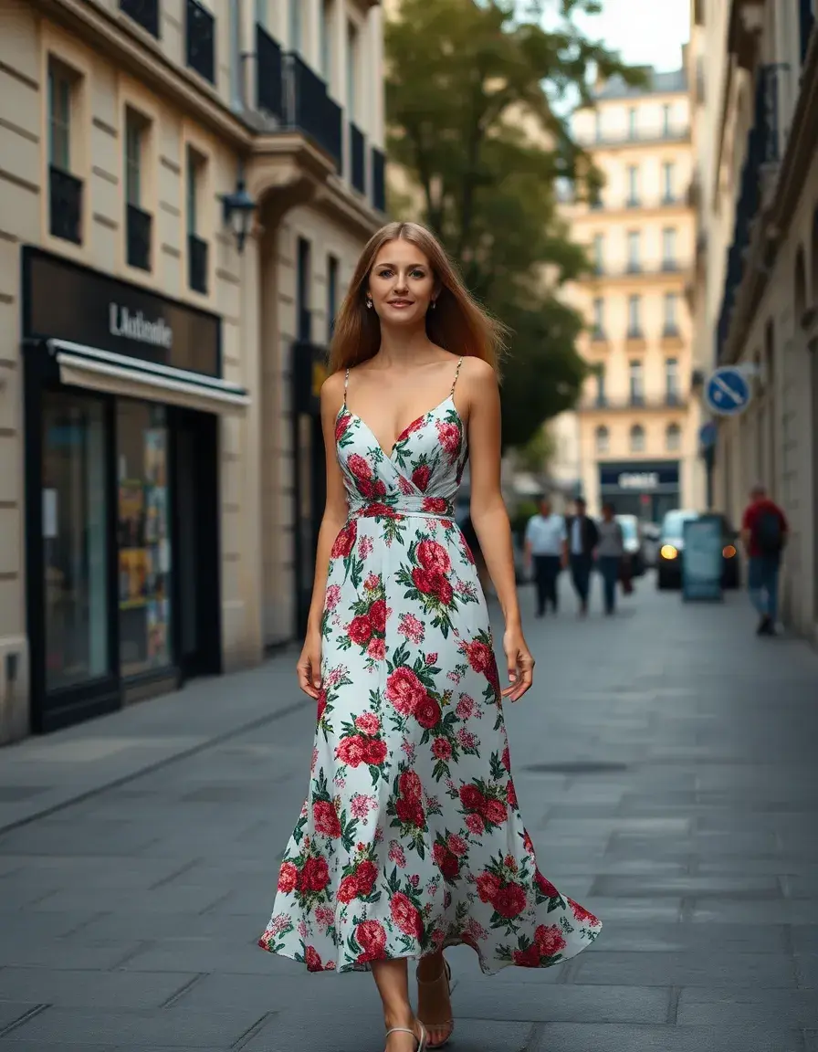 Femme élégante portant une robe mi longue femme fleurie dans une rue ensoleillée