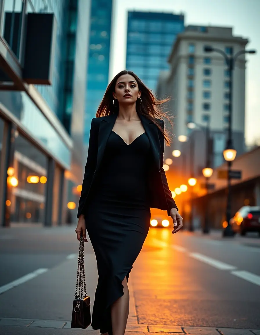 Femme élégante portant une robe moulante noire dans une rue moderne au coucher du soleil.